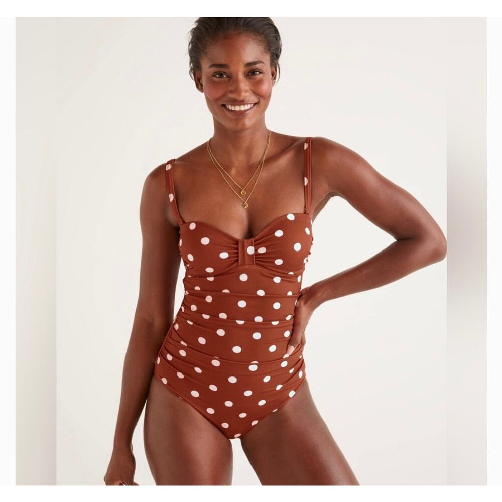Boden Kythira ruched swimsuit chocolate brown white polka Sz. 10
